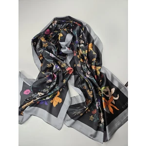 Vual Ipek Şal Papatya Desenli Gri Siyah