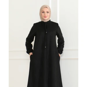 Tesettür Giyim Siyah Kışlık Fermuarlı Cepli Süet Ferace  F-6003