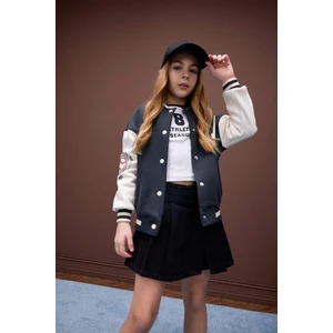 Kız Çocuk Baskılı Kolej Yaka İçi Yumuşak Tüylü Bomber Ceket D7438A825SP