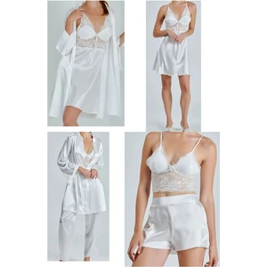 Kadın Ekru Saten Gelin 6'lı Çeyiz Seti Sabahlık & Gecelik & Pijama Şortlu Takım Q8U6O2K0KKA