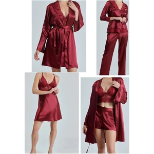 Kadın Bordo Saten Gelin 6'lı Çeyiz Seti Sabahlık & Gecelik & Pijama Şortlu Takım Q8U6O2K0KKA