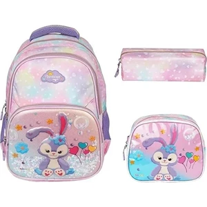 Kabartmalı Tavşan Figürlü Pullu 3'Lü İlkokul Çantası Beslenme Kalemlik Seti 1370