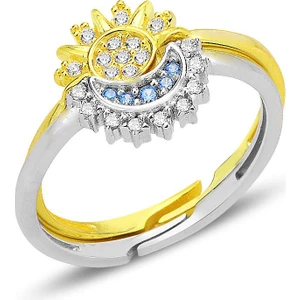 Gümüş Akuamarin ve Zirkon Taşlı Gece Gündüz Ayarlamalı Yüzük  SGTL12686GOLD