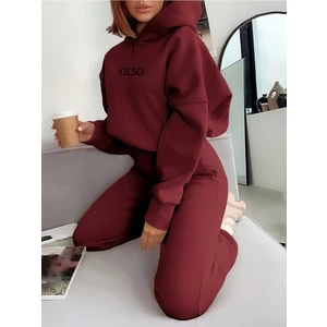 Kadın 3 Iplik Bordo Olso Baskılı Kapüşonlu Alt Üst Eşofman Takım