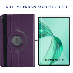 Honor Pad X8A (11'' 2024) Uyumlu 360° Dönebilen Standlı Suni Deri Kılıf + Ekran Koruyucu Nano Cam