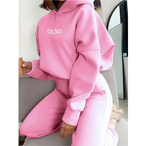 Kadın 3 Iplik Pembe Olso Baskılı Kapüşonlu Alt Üst Eşofman Takım