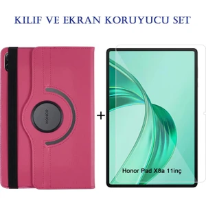 Honor Pad X8A (11'' 2024) Uyumlu 360° Dönebilen Standlı Suni Deri Kılıf + Ekran Koruyucu Nano Cam