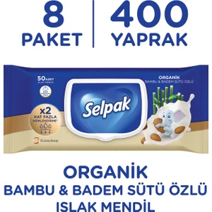 Organik Bambu ve Badem Sütü Özlü Islak Mendil 8'li 400 Yaprak Bebek Cildine Uygun Dermatolojik Onaylı