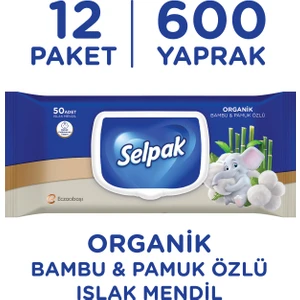 Organik Bambu ve Organik Pamuk Özlü Islak Mendil 12'li 600 Yaprak