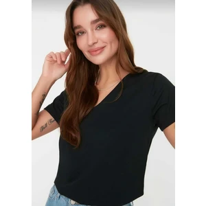 Tight Lady Süper Kalite Siyah V-Yaka Kadın Basic Tişört Örme Pamuk Penye T-Shirt