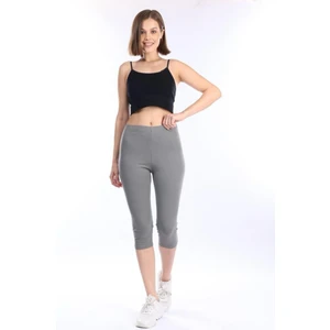 Süper Kalite Gri Penye Pamuklu Likralı Diz Altı Kapri Tayt Yüksek Bel