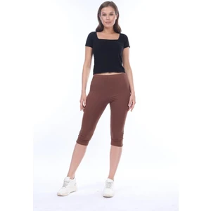 Tight Lady Süper Kalite %100 Pamuk Kahve Rengi Penye Likralı Diz Altı Kapri Tayt Yüksek Bel