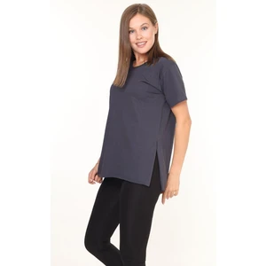 %100 Pamuk Kadın Füme V Yaka Yanı Yırtmaçlı Asimetrik Penye Pamuk Örme T-Shirt Tişört Tunik