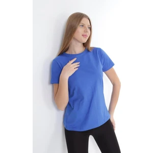 Tight Lady %100 Pamuk Süper Kalite Kadın Tişört Düz Renk Saks Mavi Bisiklet Yaka Organik Pamuk Penye T-Shirt
