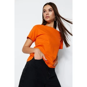 Tight Lady %100 Pamuk Oranj Süper Kalite Kadın Tişört Bisiklet Yaka Organik Pamuk Penye T-Shirt Turuncu Orange