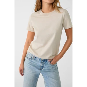 Tight Lady %100 Pamuk Süper Kalite Kadın Tişört Düz Renk Bej Bisiklet Yaka Organik Pamuk Penye T-Shirt