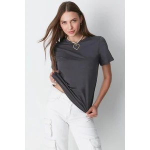 Tight Lady %100 Pamuk Süper Kalite Kadın Tişört Düz Renk Füme Bisiklet Yaka Organik Pamuk Penye T-Shirt