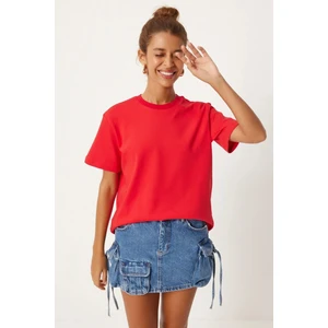 Tight Lady %100 Pamuk Kadın Tişört Düz Renk Kırmızı Bisiklet Yaka Penye T-Shirt