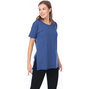%100 Pamuk Kadın Lacivert V Yaka Yanı Yırtmaçlı Asimetrik Penye Pamuk Örme T-Shirt Tişört Tunik