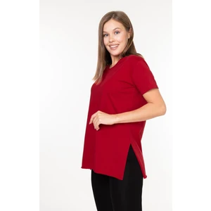 %100 Pamuk Kadın Bordo V Yaka Yanı Yırtmaçlı Asimetrik Penye Pamuk Örme T-Shirt Tunik