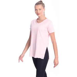 %100 Pamuk Kadın Pembe V Yaka Yanı Yırtmaçlı Asimetrik Penye Pamuk Örme T-Shirt Tişört Tunik