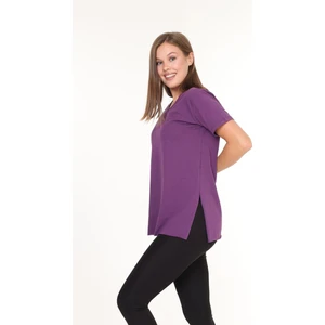 %100 Pamuk Kadın Mor V Yaka Yanı Yırtmaçlı Asimetrik Penye Pamuk Örme T-Shirt Tunik