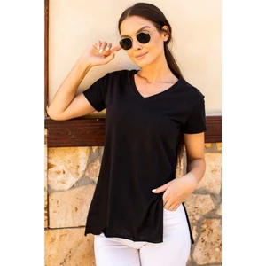 Tight Lady Kadın Siyah V Yaka Yanı Yırtmaçlı Asimetrik Penye Pamuk Örme T-Shirt Tişört Tunik