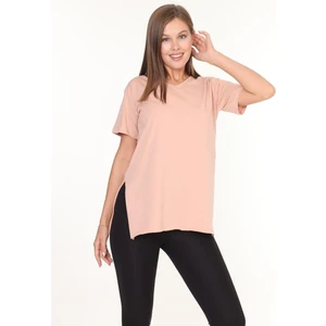 %100 Pamuk Kadın Bej V Yaka Yanı Yırtmaçlı Asimetrik Penye Pamuk Örme T-Shirt Tişört Tunik