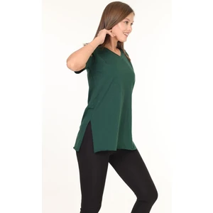 %100 Pamuk Kadın Zümrüt Yeşili V Yaka Yanı Yırtmaçlı Asimetrik Penye Pamuk Örme T-Shirt Tunik