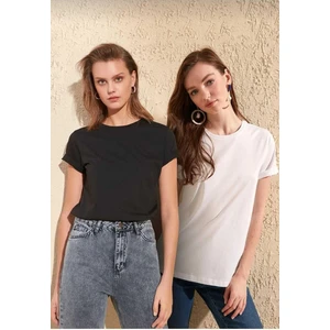 Tight Lady %100 Organik Pamuk 2`li Paket Soft Touch Kadın Tişört Siyah Beyaz Bisiklet Yaka Örme Penye T-Shirt