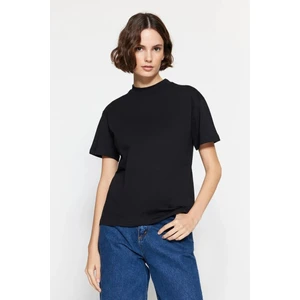 Tight Lady %100 Organik Pamuk Kadın Siyah Basic Ribana'lı Dik Yaka Örme T-Shirt