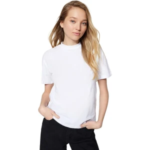 Tight Lady %100 Organik Pamuk Kadın Beyaz Basic Ribana'lı Dik Yaka Örme T-Shirt