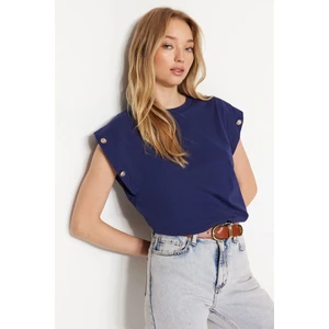 Tight Lady Lacivert %100 Pamuk Düğmeli Vatka Görünümlü Basic Bisiklet Yaka Örme T-Shirt