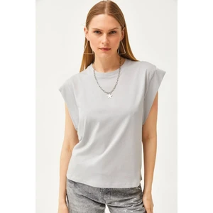 Tight Lady %100 Pamuk Kadın Taş Rengi Vatka Görünümlü Koltuk Altı Parçalı Yarasa Bisiklet Yaka Tişört