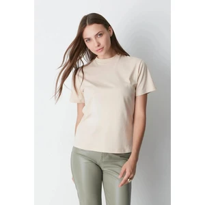 Tight Lady %100 Organik Pamuk Kadın Bej Basic Ribana'lı Dik Yaka Örme T-Shirt Yarım Balıkçı
