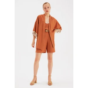 Kol Detaylı Salaş Keten Kimono - Taba