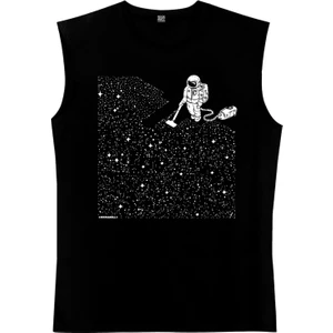 Süpürgeli Astronot Siyah Kesik Kol / Kolsuz Erkek T-Shirt