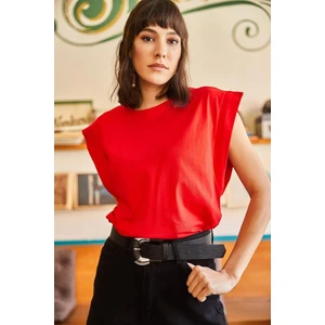 Tight Lady %100 Pamuk Kadın Kırmızı Vatka Görünümlü Koltuk Altı Parçalı Yarasa Bisiklet Yaka Tişört