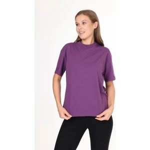 Tight Lady %100 Organik Pamuk Kadın Mor Basic Ribana'lı Dik Yaka Örme T-Shirt Yarım Balıkçı