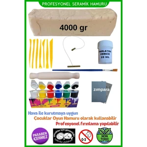 4 kg Hava ile Kuruyan Seramik Hamuru Seti – 7'li Plastik Ebeşuar, Kesme İpi, 6 Renk Akrilik Boya, Vernik, Zımpara, Merdane, Fırça