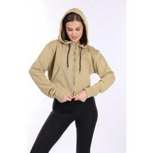 %100 Pamuk Şardonsuz Yüksek Kalite Açık Haki 3 Iplik Kapüşonlu Fermuarlı Cepli Kadın Crop Sweatshirt