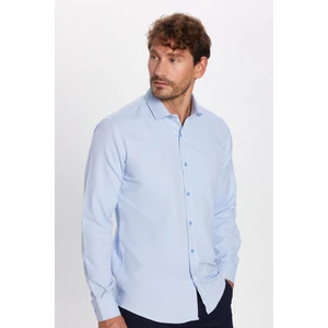 Modern Slim Fit Uzun Kollu Pamuklu Kolay Ütü Armürlü Mavi Erkek Gömlek