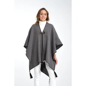 Düz Triko Balıkçı Dikişli Düğme Detaylı Şık Tasarımlı Panço, Panço, Düz Desensiz Şal Panço