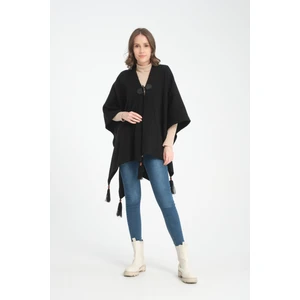 Düz Triko Balıkçı Dikişli Düğme Detaylı Şık Tasarımlı Panço, Panço, Düz Desensiz Şal Panço