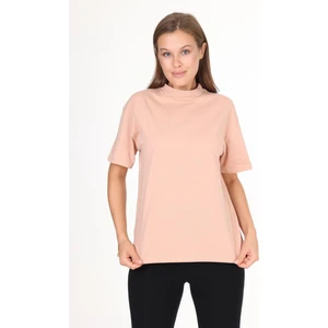 %100 Organik Pamuk Kadın Koyu Bej Basic Ribana'lı Dik Yaka Örme T-Shirt Yarım Balıkçı