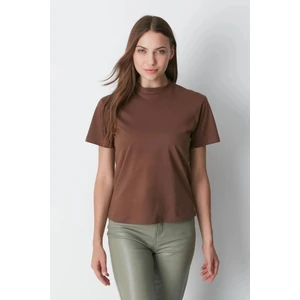 Tight Lady %100 Organik Pamuk Kadın Kahverengi Basic Ribana'lı Dik Yaka Örme T-Shirt Yarım Balıkçı