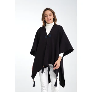 Düz Triko Balıkçı Dikişli Düğme Detaylı Şık Tasarımlı Panço, Panço, Düz Desensiz Şal Panço