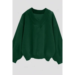Kadın 3 Iplik Yeşil Düz V Yaka Oversize Sweatshirt