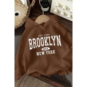 3 Iplik Kahverengi Oversize Brooklyn Usa Newyork Baskılı Kapüşonlu Sweatshirt Hoodie