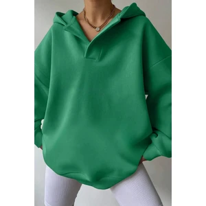 Kadın 3 Iplik Yeşil Relax Yaka Detay Oversize Kapüşonlu Sweatshirt